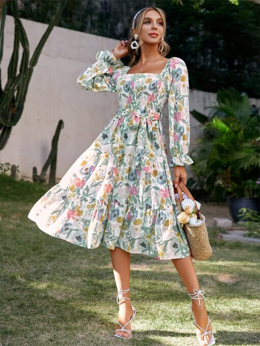 Women's Boho Flowy Long Sleeve Square Neck Floral Midi Dress Smocked Spring Fall Wedding Guest Dresses - Image 3