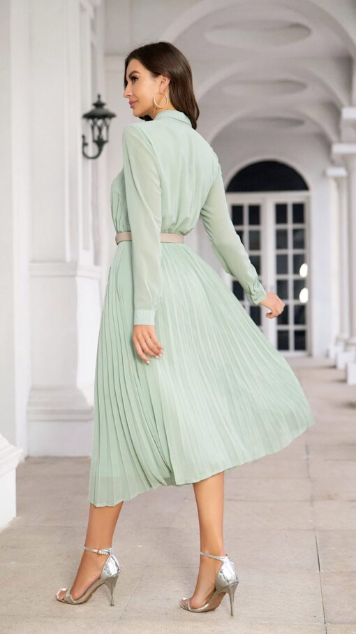 Business Casual Shirt Dress for Women Long Sleeves Pleated Midi Dresses with Belt - Image 3