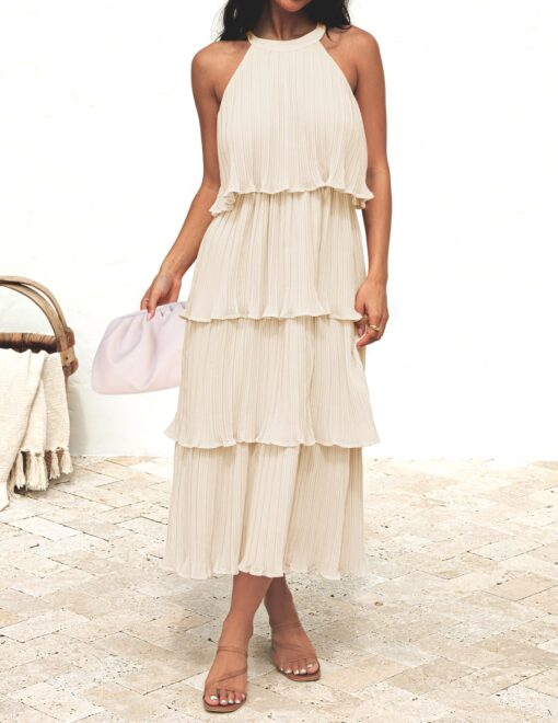 Women's 2025 Summer Sleeveless Halter Neck Ruffle Tiered Layed Chiffon Flowy Swing Long Midi Dress - Image 3
