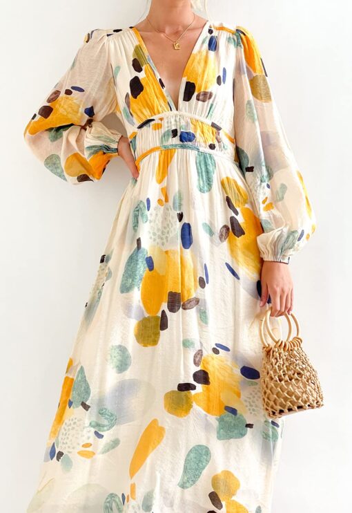 Women's Long Sleeve Boho Floral Maxi Dress Summer Fall Wedding Guest Dress - Image 2