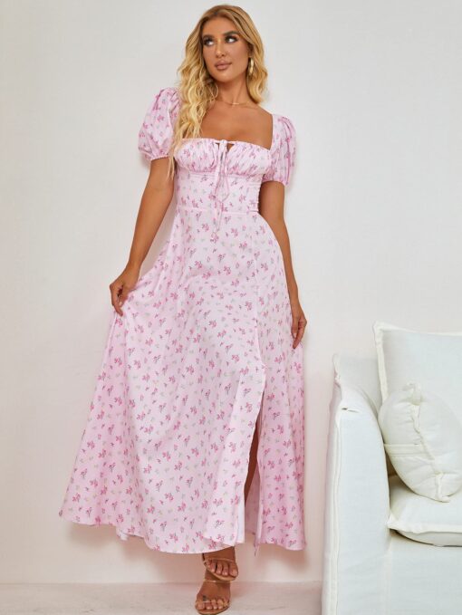 Women's Summer Puff Sleeve Floral Split Maxi Dress Flowy A Line Casual Beach Long Dresses 2025 - Image 2