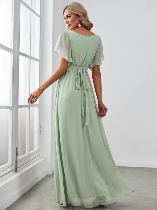 Women's Bridesmaid Dress V-Neck Ruffle Sleeves Ruched Bust Floor Length Chiffon Formal Dresses 0164A - Image 3