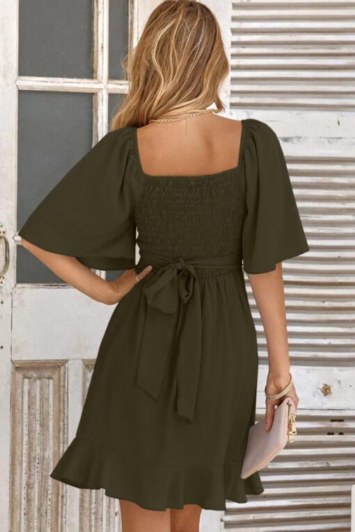 Women's Wrap V Neck Short Flared Sleeve Wedding Guest Dress Smocked Elastic Waist Tiered Belted Ruffle Hem Mini Dress - Image 3