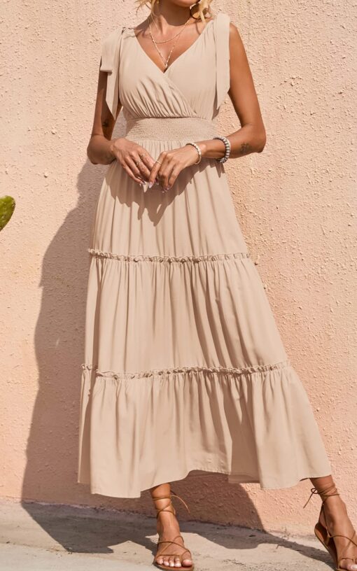 Women's Cross Neck Summer Sleeveless Tiered Maxi Dress Beach Tie Strap Smocked Long Dresses Pleated Sundress - Image 6