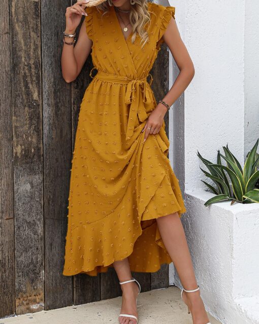 Women V Neck Summer Dress 2025 Cap Sleeve Swiss Dot Boho Flowy Ruffle Slit Beach Party Long Maxi Cocktail Dresses - Image 3