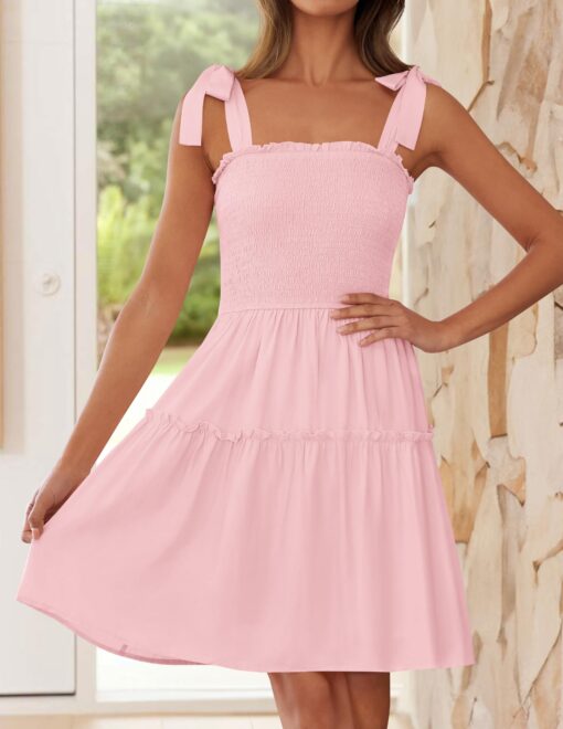Women's 2025 Summer Spaghetti Strap Sleeveless Square Neck Ruffle A Line Swing Mini Dress - Image 2