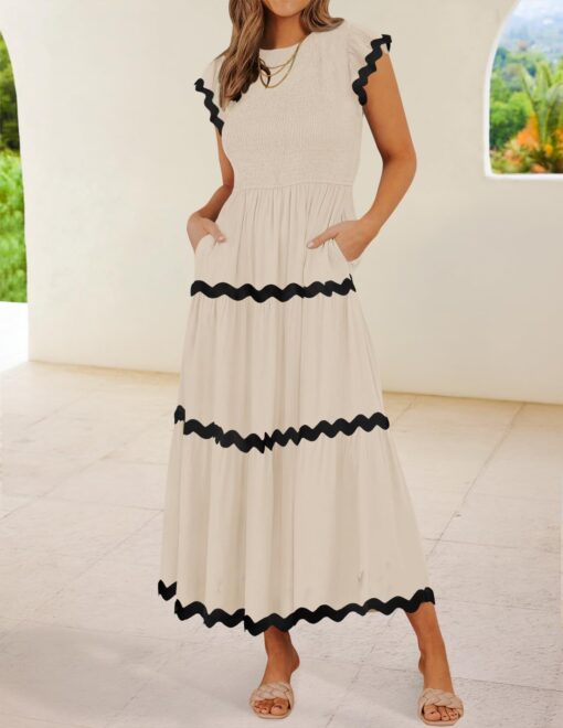 Women's Summer Flutter Short Sleeve Smocked Midi Dress Casual High Waist Rickrack Tiered Flowy Dresses - Image 2