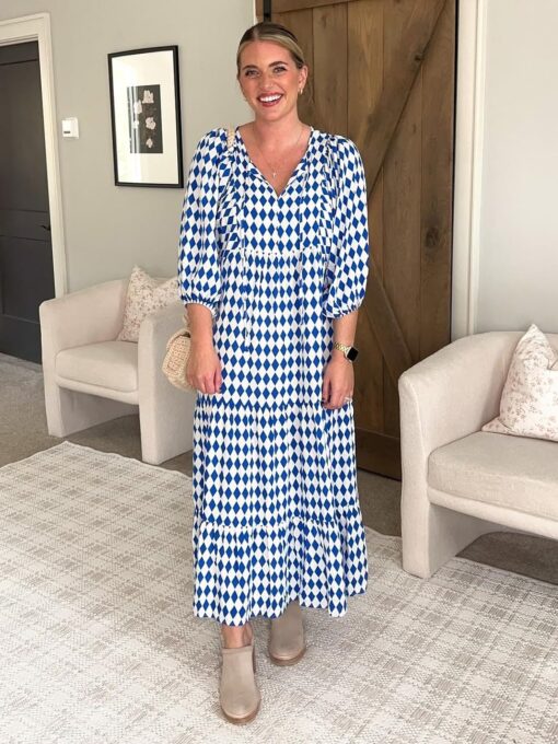 Womens Loose Fit Casual Summer V Neck Half Sleeve Bohemian Geometric Pattern Maxi Long Dresses - Image 2