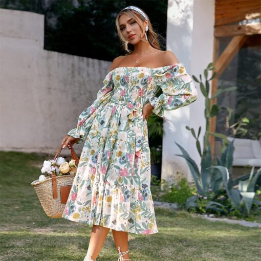 Women's Boho Flowy Long Sleeve Square Neck Floral Midi Dress Smocked Spring Fall Wedding Guest Dresses - Image 4