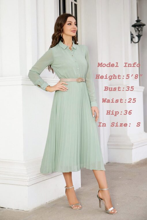 Business Casual Shirt Dress for Women Long Sleeves Pleated Midi Dresses with Belt - Image 4