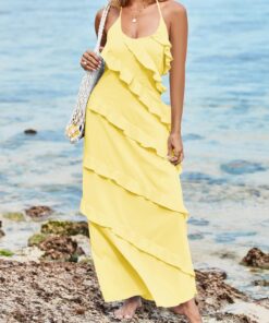 Womens Sexy Chiffon Halter Maxi Dress Sleeveless Backless Ruffle Tassel Party Club Dresses