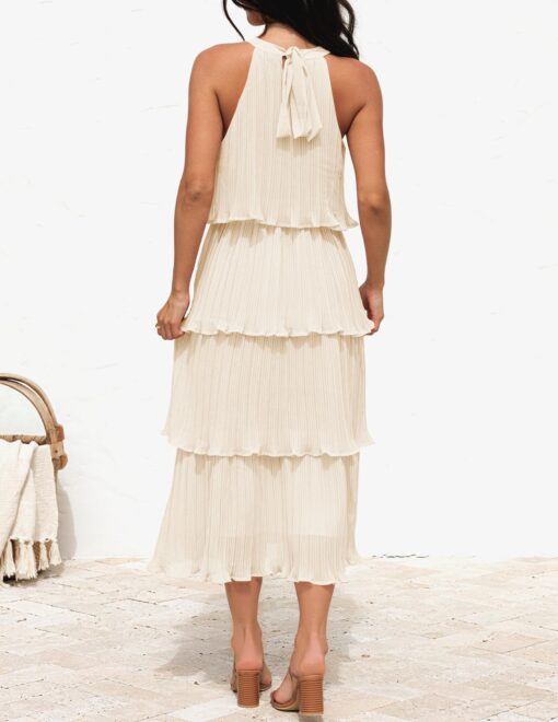 Women's 2025 Summer Sleeveless Halter Neck Ruffle Tiered Layed Chiffon Flowy Swing Long Midi Dress - Image 4