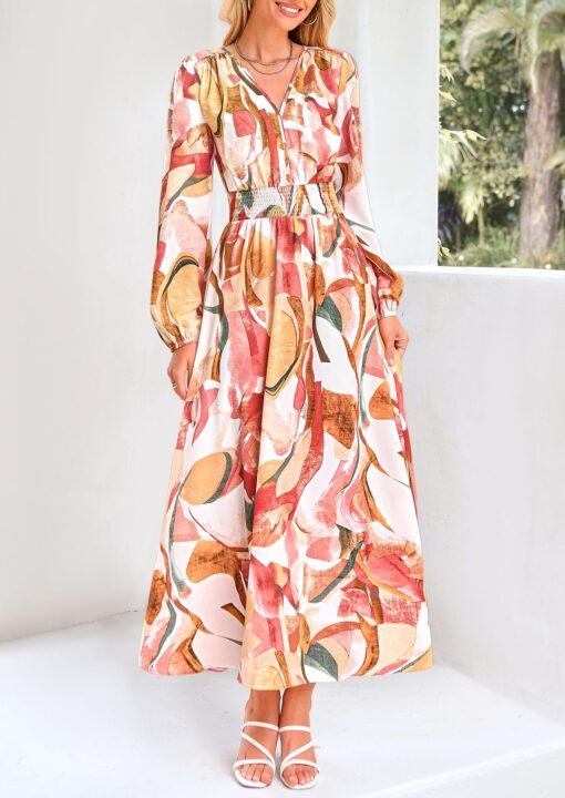 Women's Floral Midi Dress Casual Fall V Neck Long Sleeve Flowy Spring Beach Wedding Guest Vacation Dresses - Image 3