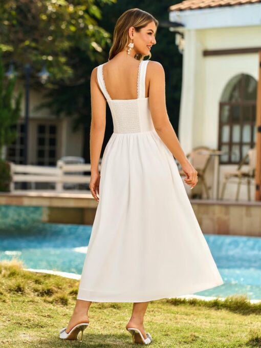 Lace Square Neck Corset Midi Dress Summer Smocked Flowy A Line Casual Beach Sundress for Women 2025 Vacation - Image 4