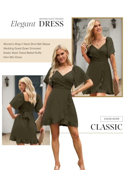 Women's Wrap V Neck Short Flared Sleeve Wedding Guest Dress Smocked Elastic Waist Tiered Belted Ruffle Hem Mini Dress - Image 4