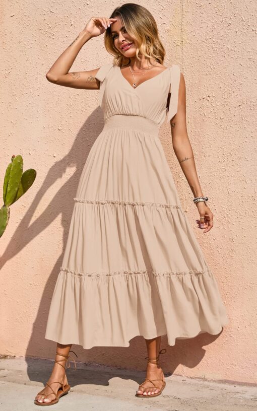 Women's Cross Neck Summer Sleeveless Tiered Maxi Dress Beach Tie Strap Smocked Long Dresses Pleated Sundress - Image 5