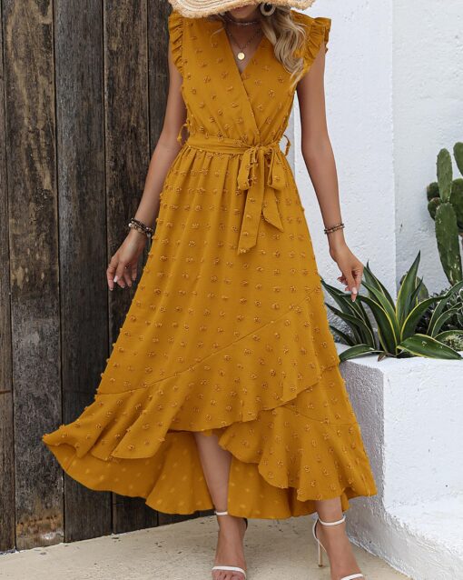 Women V Neck Summer Dress 2025 Cap Sleeve Swiss Dot Boho Flowy Ruffle Slit Beach Party Long Maxi Cocktail Dresses - Image 4