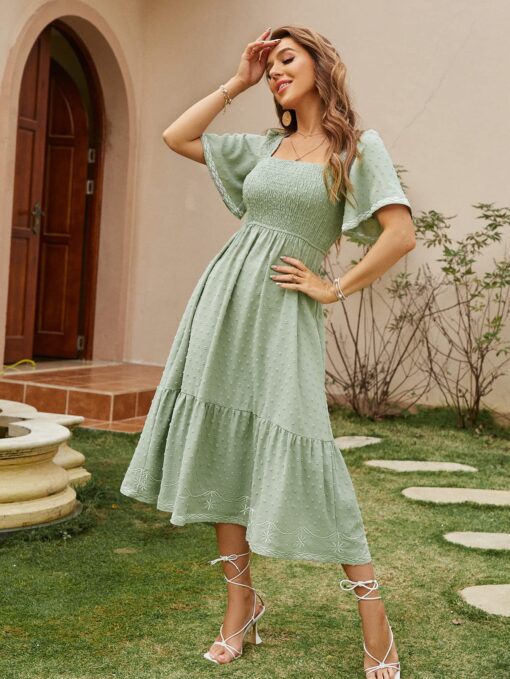 Women's Short Sleeve Smocked Square Neck A Line Summer Flowy Maxi Long Dress - Image 3