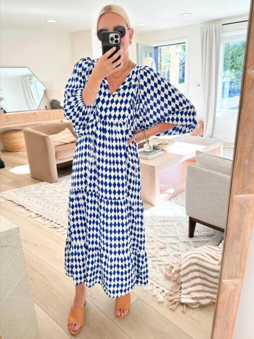 Womens Loose Fit Casual Summer V Neck Half Sleeve Bohemian Geometric Pattern Maxi Long Dresses - Image 3
