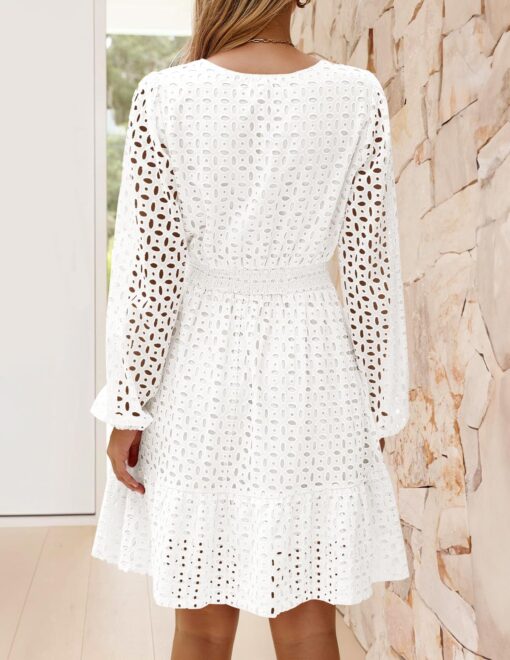 Women's 2025 Long Sleeve Mini Dress Spring V Neck Hollow Out Eyelet Embroidery Ruffle A Line Swing Short Dresses - Image 4