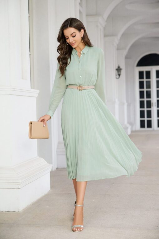Business Casual Shirt Dress for Women Long Sleeves Pleated Midi Dresses with Belt - Image 5