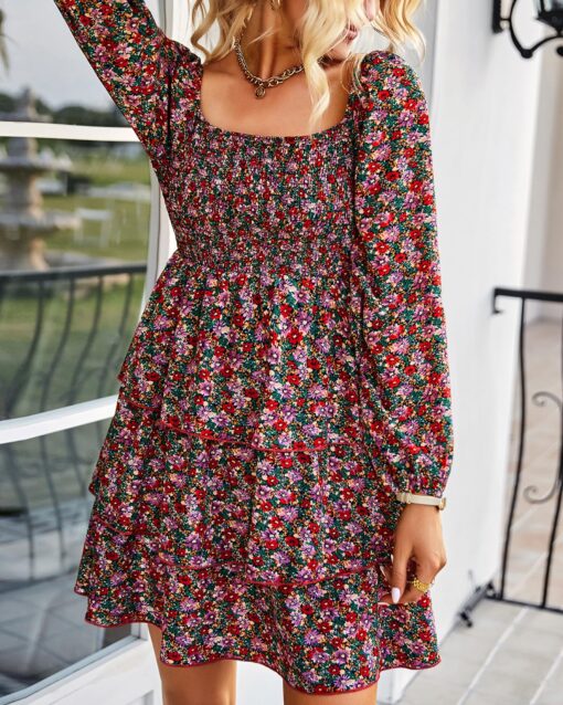 Womens Long Sleeve Dress Vacation Square Neck Smocked Floral Swiss Dot Mini Boho Fall Wedding Guest Dresses 2025 - Image 5