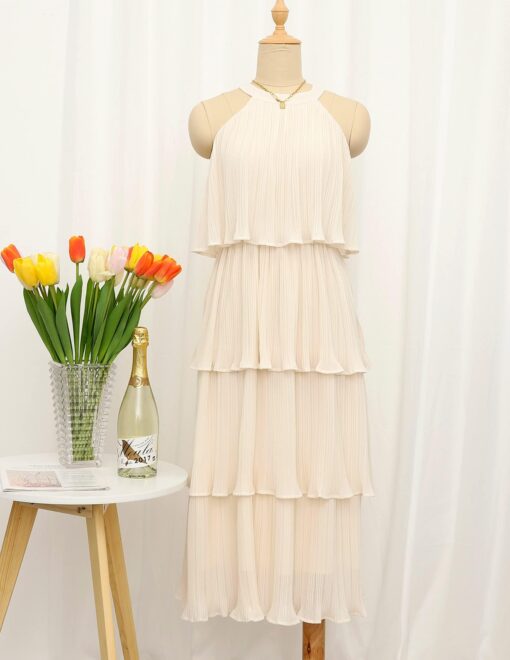Women's 2025 Summer Sleeveless Halter Neck Ruffle Tiered Layed Chiffon Flowy Swing Long Midi Dress - Image 5
