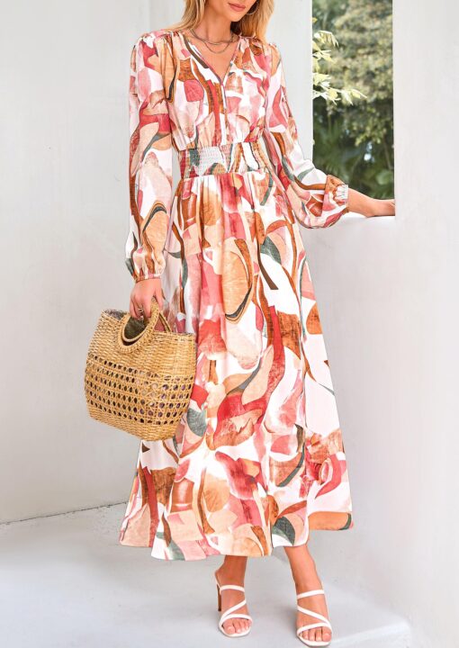 Women's Floral Midi Dress Casual Fall V Neck Long Sleeve Flowy Spring Beach Wedding Guest Vacation Dresses - Image 4