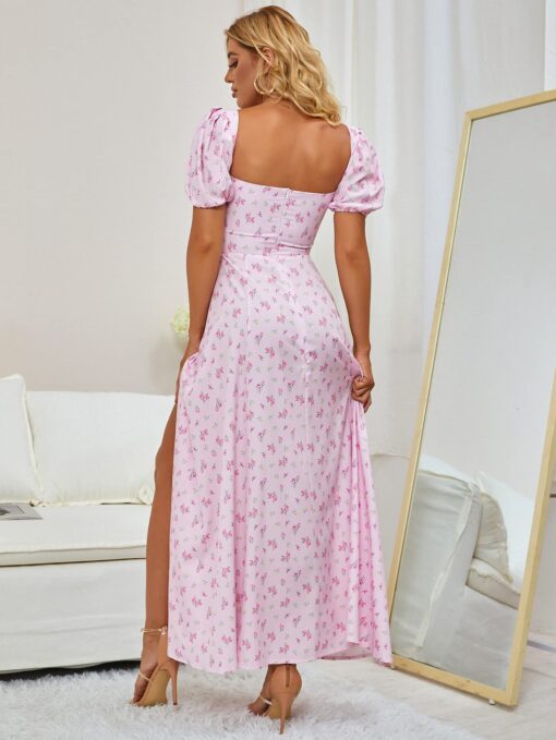 Women's Summer Puff Sleeve Floral Split Maxi Dress Flowy A Line Casual Beach Long Dresses 2025 - Image 4