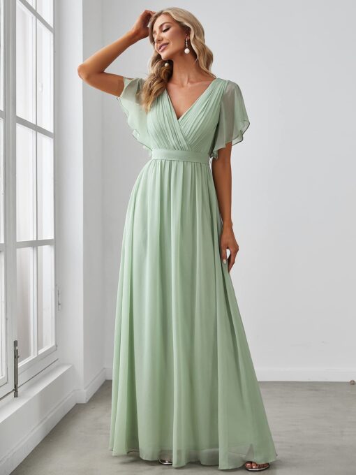 Women's Bridesmaid Dress V-Neck Ruffle Sleeves Ruched Bust Floor Length Chiffon Formal Dresses 0164A - Image 5