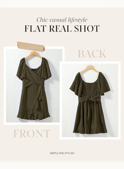 Women's Wrap V Neck Short Flared Sleeve Wedding Guest Dress Smocked Elastic Waist Tiered Belted Ruffle Hem Mini Dress - Image 5