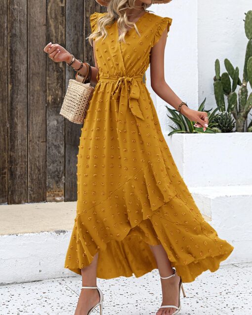 Women V Neck Summer Dress 2025 Cap Sleeve Swiss Dot Boho Flowy Ruffle Slit Beach Party Long Maxi Cocktail Dresses - Image 5