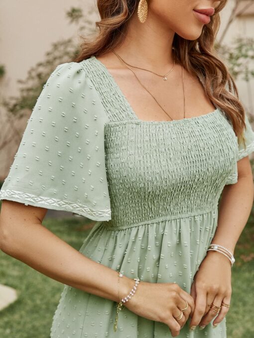 Women's Short Sleeve Smocked Square Neck A Line Summer Flowy Maxi Long Dress - Image 4