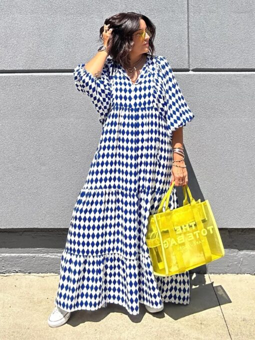 Womens Loose Fit Casual Summer V Neck Half Sleeve Bohemian Geometric Pattern Maxi Long Dresses - Image 4
