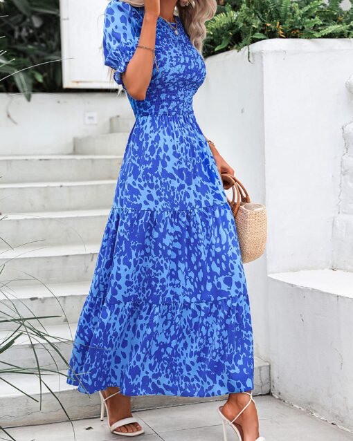 Women Casual Summer Dresses 2025 Spring Crew Neck Ruffle Short Sleeve Floral Print Smocked Boho Flowy Maxi Dress - Image 4