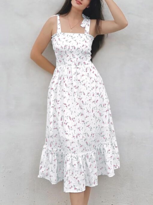 Women's Summer Boho Floral Beach Dress, A Line Maxi, Square Neck, Ruffle Hem