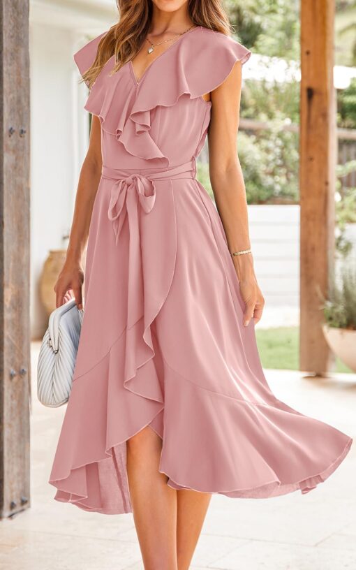 Women's 2025 Summer Cross Midi Dress Casual Boho Deep V Neck Short Sleeve Ruffle Hem Split Beach Long Dresses - Image 5