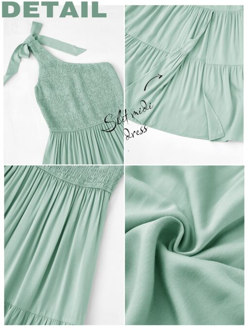 Women's Summer One Shoulder Sleeveless Knot Smocked Midi Dress Split Tiered Flowy Dresses - Image 3