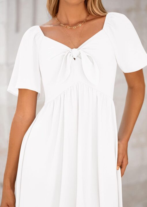 2025 Summer Dress for Women Casual Short Sleeve Bow Tie V Neck Ruffle Midi Flowy Dresses - Image 5