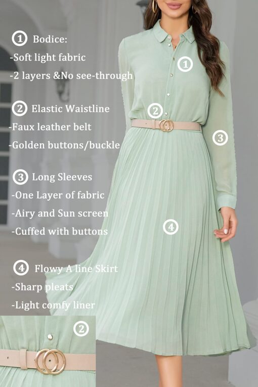 Business Casual Shirt Dress for Women Long Sleeves Pleated Midi Dresses with Belt - Image 6
