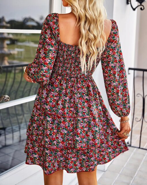 Womens Long Sleeve Dress Vacation Square Neck Smocked Floral Swiss Dot Mini Boho Fall Wedding Guest Dresses 2025 - Image 6