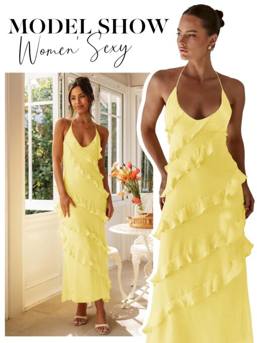 Womens Sexy Chiffon Halter Maxi Dress Sleeveless Backless Ruffle Tassel Party Club Dresses - Image 5