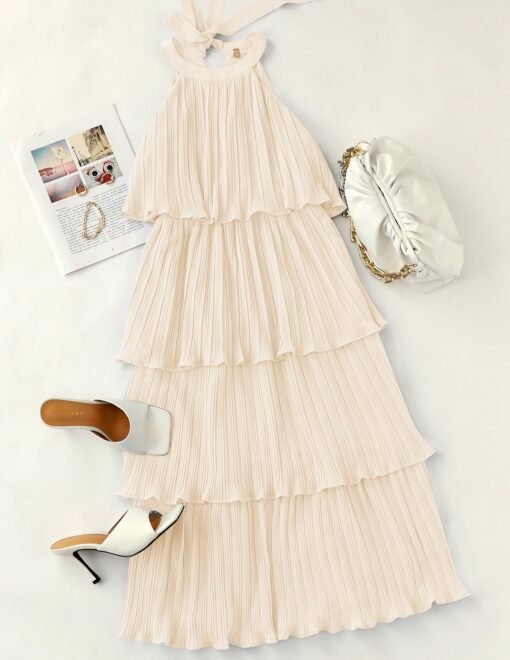 Women's 2025 Summer Sleeveless Halter Neck Ruffle Tiered Layed Chiffon Flowy Swing Long Midi Dress - Image 6
