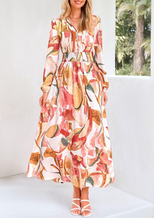 Women's Floral Midi Dress Casual Fall V Neck Long Sleeve Flowy Spring Beach Wedding Guest Vacation Dresses - Image 5