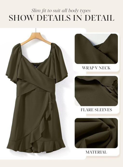 Women's Wrap V Neck Short Flared Sleeve Wedding Guest Dress Smocked Elastic Waist Tiered Belted Ruffle Hem Mini Dress - Image 6