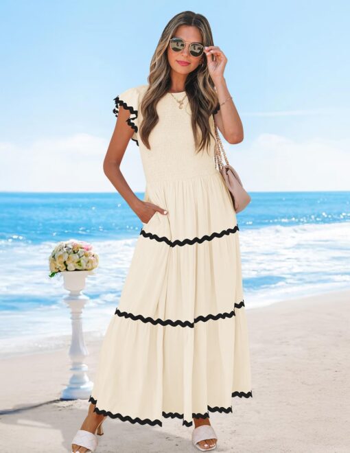 Women's Summer Flutter Short Sleeve Smocked Midi Dress Casual High Waist Rickrack Tiered Flowy Dresses - Image 5