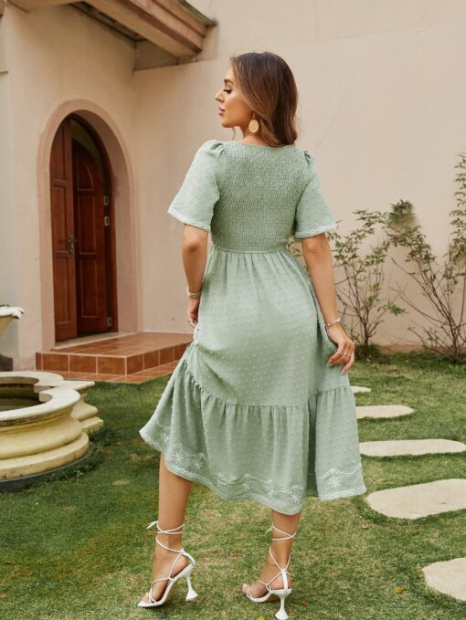 Women's Short Sleeve Smocked Square Neck A Line Summer Flowy Maxi Long Dress - Image 5