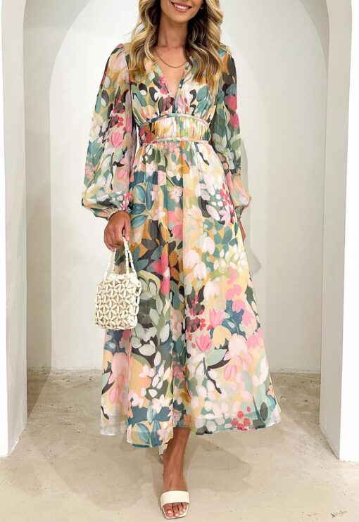 Women's Long Sleeve Floral Maxi Dress Summer Wedding Guest Dress - Image 10