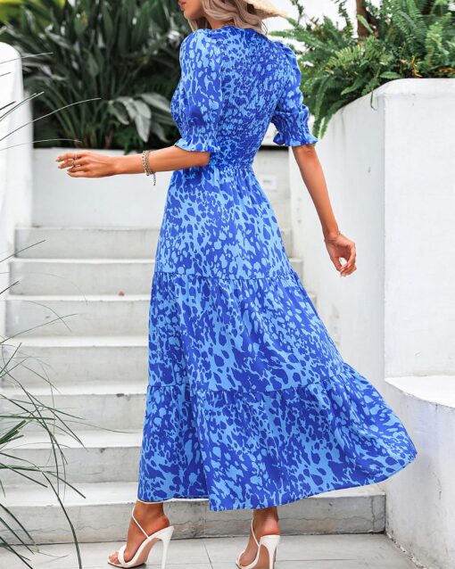 Women Casual Summer Dresses 2025 Spring Crew Neck Ruffle Short Sleeve Floral Print Smocked Boho Flowy Maxi Dress - Image 5