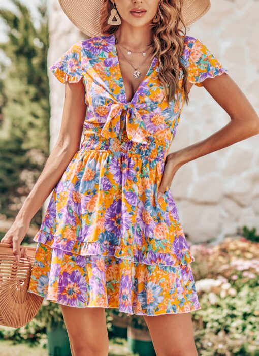 Women Summer Mini Short Dress 2025 Short Sleeve Casual Beach Vacation Sundress V Neck Tiered Sun Dresses - Image 5